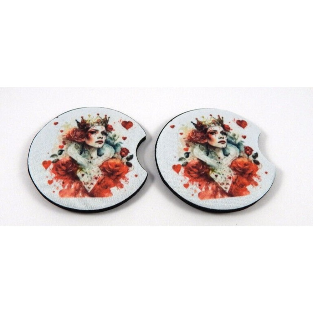 Set Of 2 Queen Of Hearts Absorbent Neoprene Car Coasters 2.75" Coaster